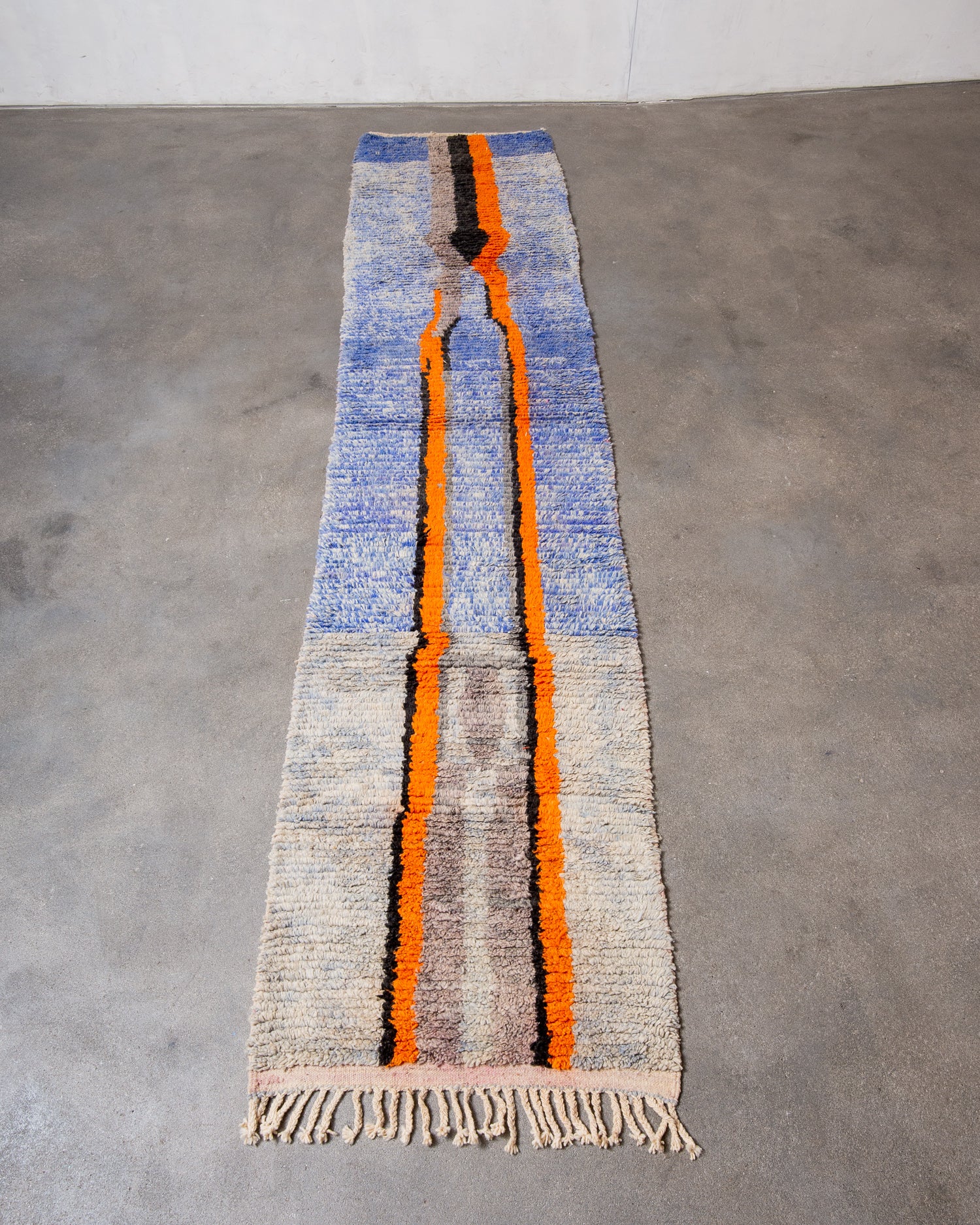 Modern, designer, handcrafted Berber runner rug from Morocco. Vintage carpet with beautiful colours and patterns and fluffy texture.